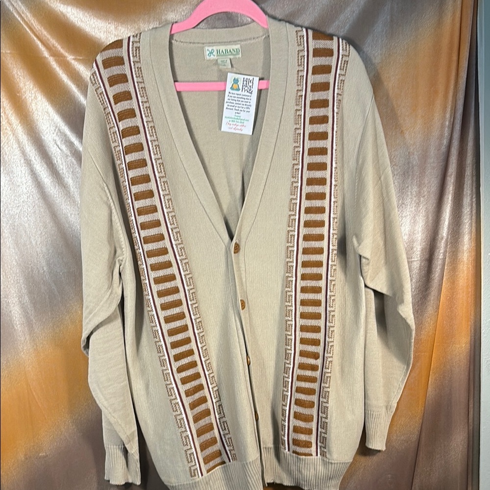Vintage 50’s Grandfather Beige and Brown men’s Haband cardigan‎ XL Sweater H1